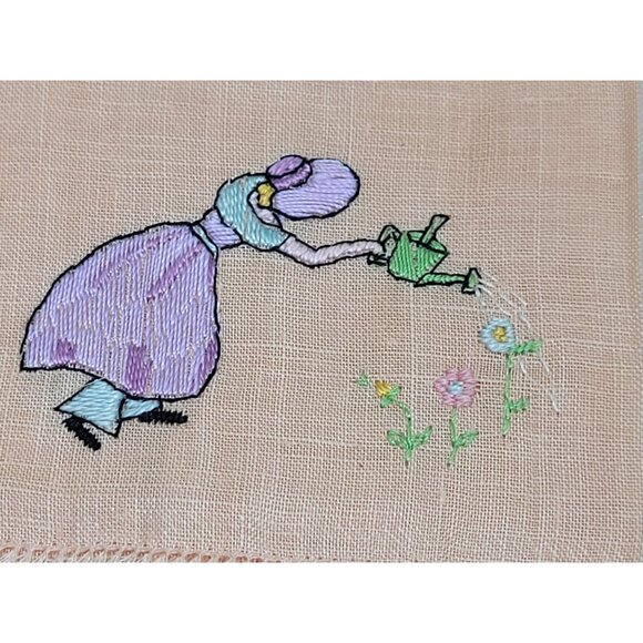 Vintage Linen Tea Towel Guest Orange Embroidered Girl Watering Flowers Fringe - Picture 4 of 4